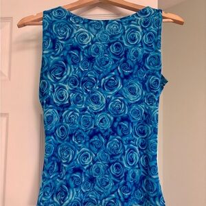 Vintage Electric Blue Rose Print Sleeveless Women’s Top Clingy Small